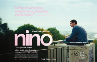 Poster for Nino, featuring a man sitting on a graffiti-covered rooftop overlooking the city, with the film title and a review quote prominently displayed.