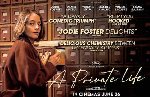 A movie poster for A Private Life shows a woman holding a small box while standing in front of rows of vintage filing cabinets, with critical praise and the film's release date displayed prominently.