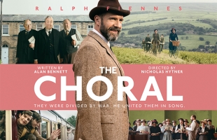 Poster for The Choral. Ralph Fiennes stands central dressed in a 1940s suit, with a collage of the other cast dressed in similar outfits in the 4 quadrants of the poster
