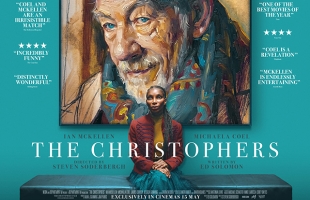 A movie poster for The Christophers shows a woman seated beneath a large painted portrait of an older man, with glowing review quotes on either side and the film's title prominently displayed.