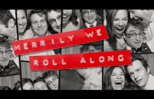 A collage of black and white picture strips, with the 3 main cast members pulling faces, and laughing.