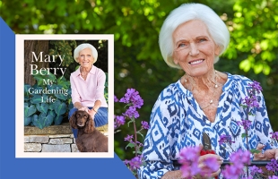 A book cover on the left shows the title “Mary Berry: My Gardening Life” with a smiling older woman sitting outdoors beside leafy plants and a brown dog. To the right, the same white-haired woman stands in a garden, smiling while holding pruning shears among purple flowers. The background is filled with green foliage.