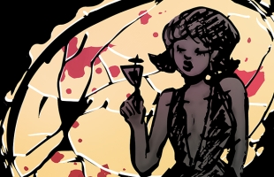 A 1920s-comic book style woman wearing a plunging dress, and holding a cocktail, in front of a yellow and black cracked background, with blood spatter