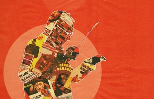 Stylised silhouette of Ennio Morricone, baton in hand, conducting. His figure is comprised of film posters. There is a bright orange backdrop.