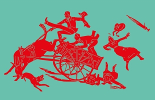 A stylised red-on-green illustration of a horse and cart being upturned in a chaotic scene, with people falling off the cart, the horse chasing a dog and children almost being crushed under the wheels.
