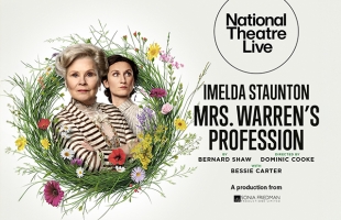 Imelda Staunton, and Bessie Carter, dressed in turn of the century outfits, surrounded by a spring flower wreath