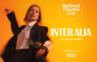 Poster for Inter Alia - Rosamund Pike dressed in a distressed tuxedo