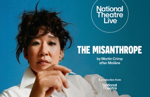 Promotional graphic for National Theatre Live's production of The Misanthrope by Martin Crimp after Molière. Against a solid teal background, actor Sandra Oh looks directly forward with a serious expression, hand resting near her chin while wearing a white zip-up shirt. The title