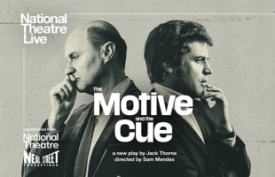 A stylised black-and-white poster image for The Motive and the Cue, featuring Mark Gatiss and Johnny Flynn standing back-to-back, both dressed in suits and looking away pensively.