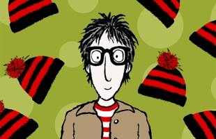 An illustration of a man with spiky dark hair, large round glasses, and a slight smile, wearing a brown jacket over a red-and-white striped shirt. He is set against an olive-green background patterned with floating red-and-black striped winter beanies topped with red bobbles.