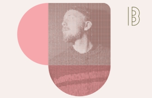 Stylized image of Niklas, with a graphic pink transparent shape over laid.
