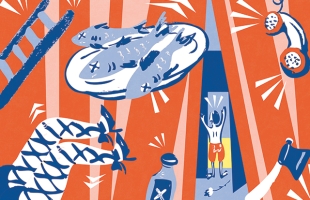 An artistic, stylized illustration in a bold blue, orange, white, and pink color scheme depicting theatrical chaos. Scattered around orange stage curtains are iconic props: a platter of sardine-like fish with 'X' eyes, a ladder, a ringing landline phone, a bottle, an axe, and a pair of legs wearing crisscrossed tights. In the center opening between the curtains, a small shirtless figure in red shorts stands with hands raised in surprise or dismay.