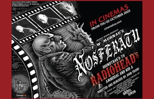 A stylised theatrical image inspired by Nosferatu, featuring a sinister, pale figure with a bald head, long black coat, and claw-like hands, looming ominously in front of a red full moon. Stark lighting and deep shadows heighten the eerie, gothic atmosphere, evoking classic horror cinema.