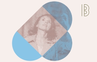 Styalised image of Olivia, with a blue graphic transparent shape over laid