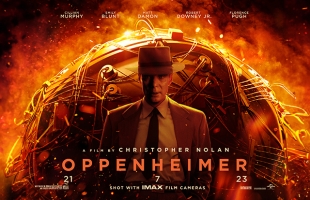 The poster for Oppenheimer, featuring Cillian Murphy as J. Robert Oppenheimer in a wide-brimmed hat and suit in front of a large, stylised atomic bomb. There is a strong orange and red hue over the image.