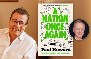 A promotional graphic featuring Irish author Paul Howard smiling in a white shirt and glasses on the left. In the center is the book cover for his novel