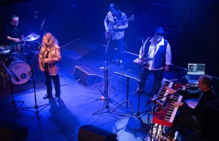 Live band performing on a dimly lit stage under blue lighting. A female vocalist stands centre with a microphone, surrounded by musicians: a drummer at the back, a guitarist and saxophonist to the right, and a keyboardist in the foreground. Instruments and monitors are arranged across the stage, creating an intimate concert atmosphere.