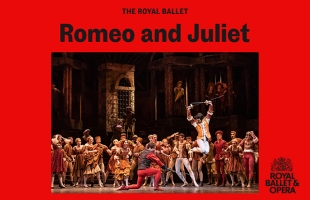 Still image from a production of The Royal Ballet, Romeo and Juliet. The main image shows a scene from the ballet, two men are fencing, one has attempted to strike, while the other has jumped over the sword, there is a large crowd of spectators behind them. Framed in solid red, with the title above.