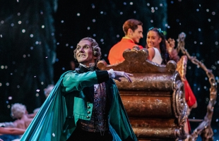 In the background a young couple are sat in the back of a wooden carriage, smiling, as snow falls. In the foreground a man dressed in a green dinner suit, with a fur lined cloak, smiles