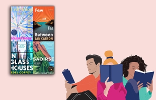 An illustrated scene of three people sitting and reading books against a pale pink background. To the left, there is a book cover for Everything That Is Beautiful by Louise Nealon, featuring a colorful, radiant burst design with birds in flight. The three illustrated readers—one man and two women—hold open books in various shades of blue.