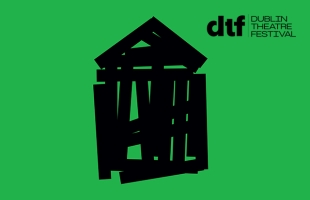 Bright green background with a bold, abstract black shape resembling a stylised theatre building or classical pediment at centre. In the top right corner, the text ‘dtf Dublin Theatre Festival’ appears in black
