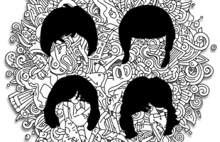 A cut out of each of the fab fours hair styles in a black silhouette is places against a psychedelic line drawing.