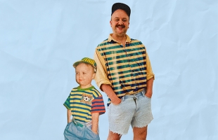 Shane Daniel Byrne as an adult, next to a photo of himself aged 6. Both are wearing identical caps, striped polo shirts, and denim shorts.