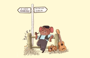 Cartoon image of a mouse, wearing a striped shirt, and trousers, leaning against a fence with a suitcase and guitar beside him. Above him is a sign post with Bornacoola pointing to the left, and Dublin pointing right.