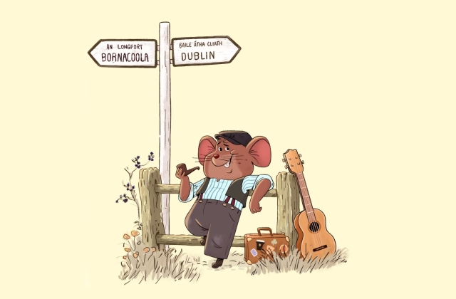 Cartoon image of a mouse, wearing a striped shirt, and trousers, leaning against a fence with a suitcase and guitar beside him. Above him is a sign post with Bornacoola pointing to the left, and Dublin pointing right.