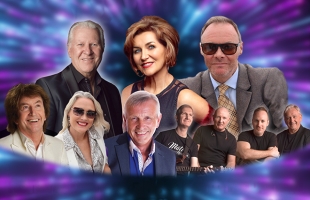 A collage of all the artists taking place, on a purple and blue galactic background