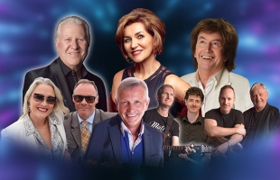 A promotional collage featuring nine performers posed against a blue and purple glowing background. Several people are dressed in formal attire, with one person holding a guitar.