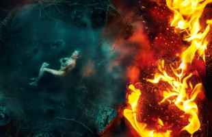 A naked women lies under a frozen lake on the left hand side of the image, while a wild fire is breaching from the right side