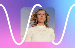 Portrait of a woman with curly hair wearing a cream lace blouse, centred against a pastel gradient background of pink, purple, and blue. A thick white wavy line curves across the image, passing in front of and behind the portrait frame.