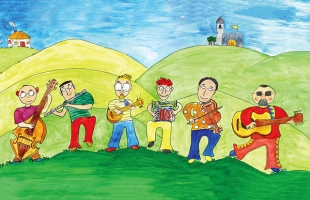 Colorful hand-drawn illustration of cheerful folk band plays music together on rolling green hills beneath a bright blue sky