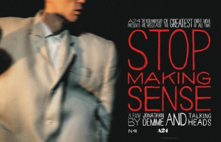 The title image for Stop Making Sense, it shows on the left side David Byrne in a suit, his eyes and forehead are cropped. On the right side we see the film title and some credits.