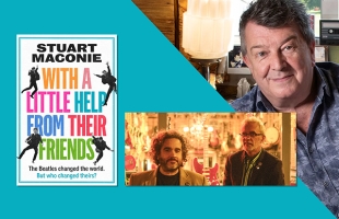 Stuart Maconie in the top right corner, with Jason Carty and Steven Cockcroft below, alongside the cover for the book With a Little Help from Their Friends