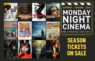 Poster for “Summer Season 2026 Monday Night Cinema.” Right side features bold yellow and white text: “900+ screenings since 2013” and “Season tickets on sale.” Left side shows a grid of international film posters including The Secret Agent, Sirât, The Stranger, Twinless, La Grazia, and more. Dark background with strong yellow accents.