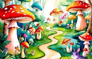 An illustration of a windy path going through a forest of large red and white mushrooms
