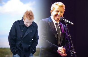 Tommy Fleming shown in two contrasting settings; an introspective outdoor portrait and a polished live stage performance.