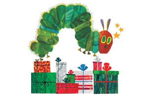 Illustration of the Very Hungry Caterpillar with Christmas presents.