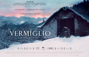 Poster for Vermiglio. A young couple sit in the door way of of a small cabin, kissing. It is positioned on a snowy mountain, with thick snow all around.