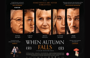 Poster for When Autumn Falls. Slices of portraits of the main characters against a black background