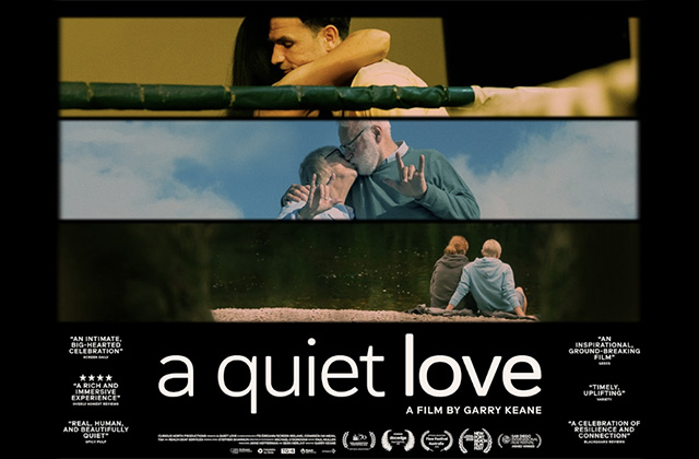 Quad poster for the film a quiet love, the images is cut into three horizontal sections, in each section a couple is pictured. The top image see a couple in a hug, the second sees an older couple in a kiss and the bottom image a couple is sitting together by a river bank.