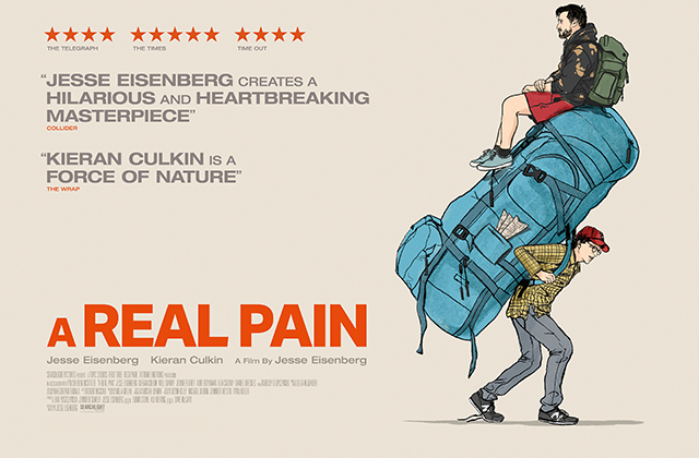 Poster for  A Real Pain. A cartoon of a man carrying an overlarge backpack, with another man seated on top.