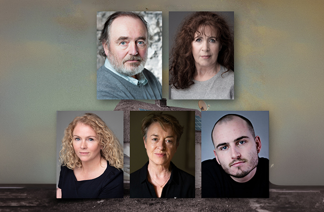 A promotional composite image featuring headshots of five cast members arranged over a hazy, textured background. The top row features an older man with a grey beard on the left and a woman with long, dark wavy hair on the right. The bottom row features three actors: a blonde woman with curly hair, a woman with short light brown hair in a dark shirt, and a young man with a short beard. The peak of a traditional thatched-roof cottage sits faintly in the background between the photos.