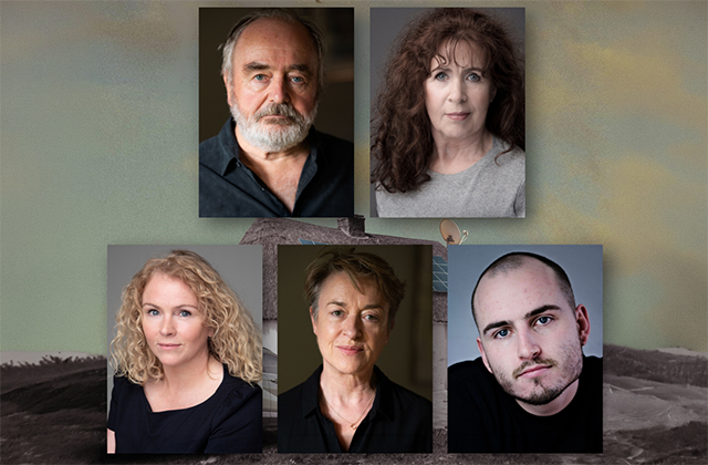 A promotional composite image featuring headshots of five cast members arranged over a hazy, textured background. The top row features an older man with a grey beard on the left and a woman with long, dark wavy hair on the right. The bottom row features three actors: a blonde woman with curly hair, a woman with short light brown hair in a dark shirt, and a young man with a short beard. The peak of a traditional thatched-roof cottage sits faintly in the background between the photos.