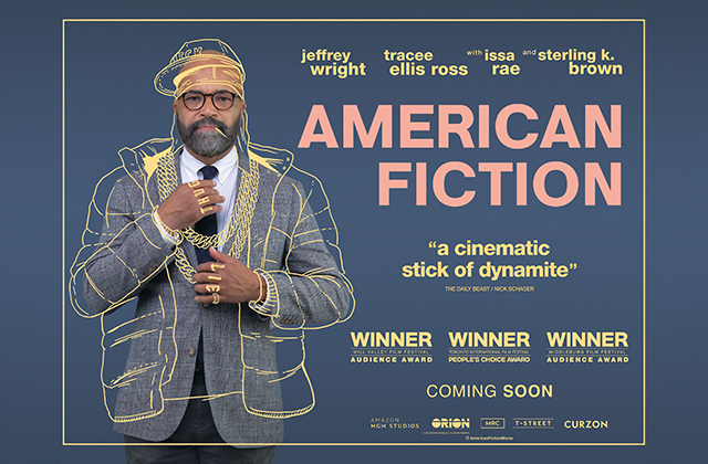 Poster image for American Fiction, featuring Jeffrey Wright in a suit with hand-drawn