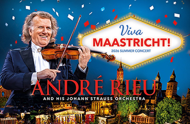 André Rieu plays the violin in a promotional poster for the concert in front of the illuminated Maastricht skyline, with colorful confetti