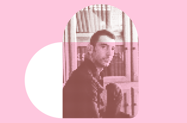 Stylised image of Andrea, with a transparent pink graphic shape overlaid