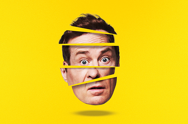 Ardal O'Hanlon's surprised face appears to float against a bright yellow background, sliced into several horizontal segments that are slightly misaligned, giving a fragmented, playful effect.